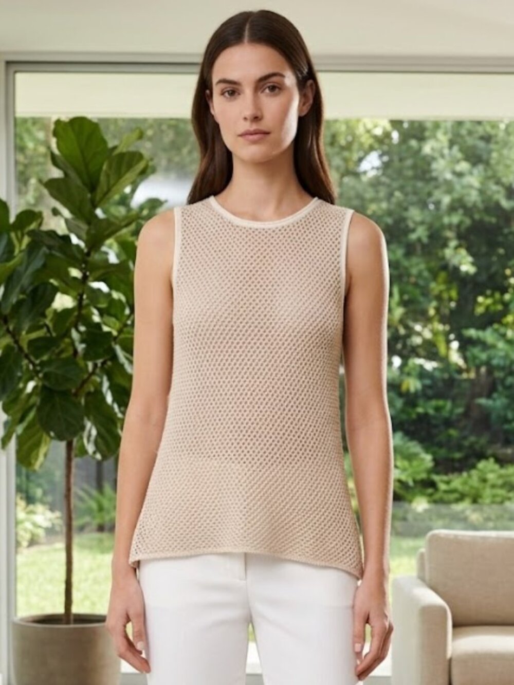Theory | Sleeveless Mesh Open Knit Top | Linen | Beige | Large | Like New!